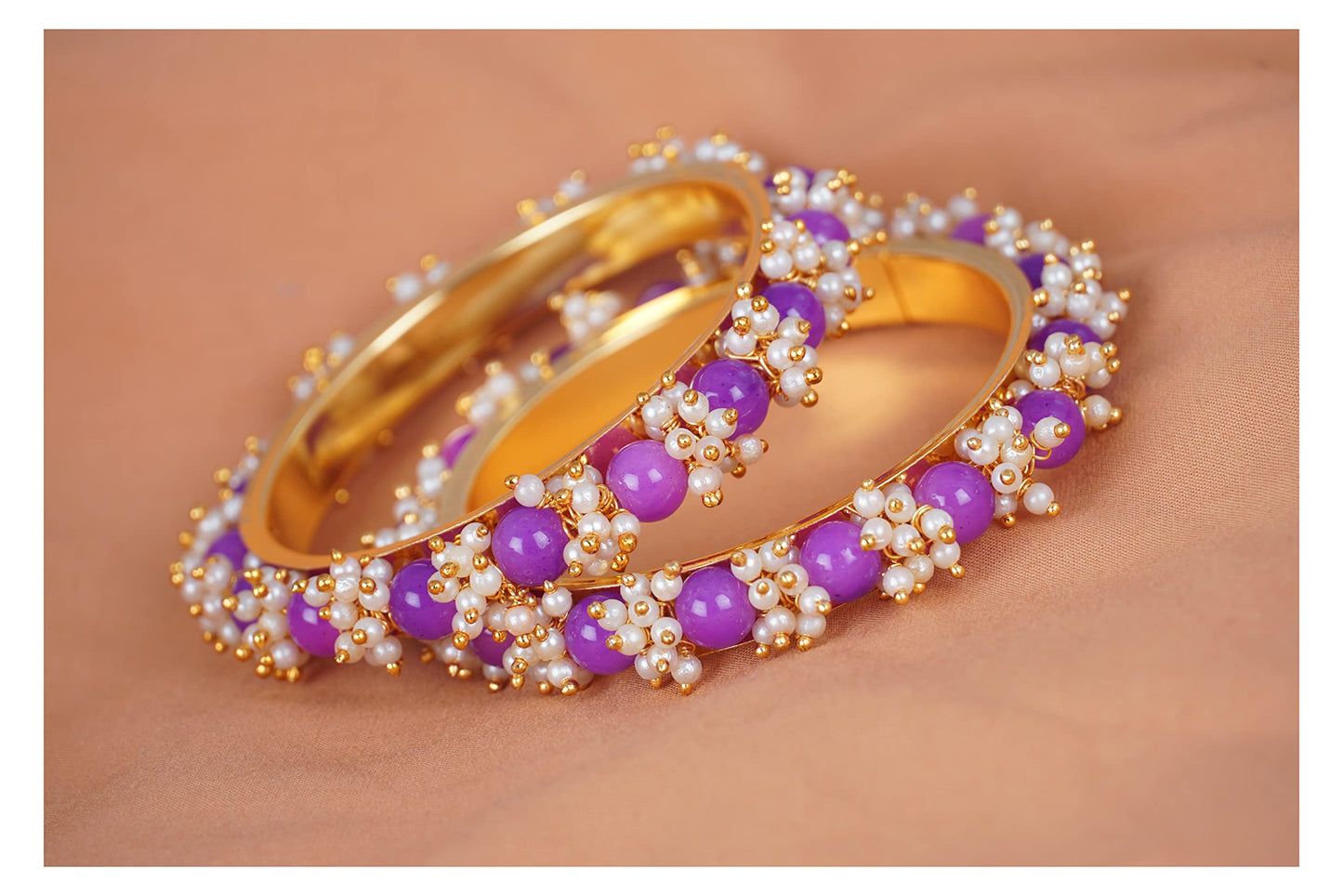 Gold Plated Cluster Pearl And Purple Color Beads Bangle Set (Purple-210)