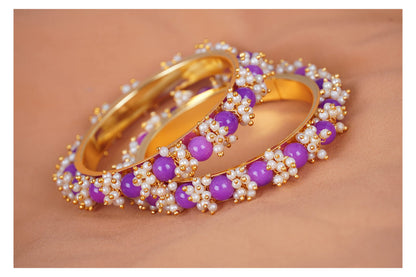 Gold Plated Cluster Pearl And Purple Color Beads Bangle Set (Purple-210)