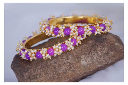 Gold Plated Cluster Pearl And Purple Color Beads Bangle Set (Purple-210)