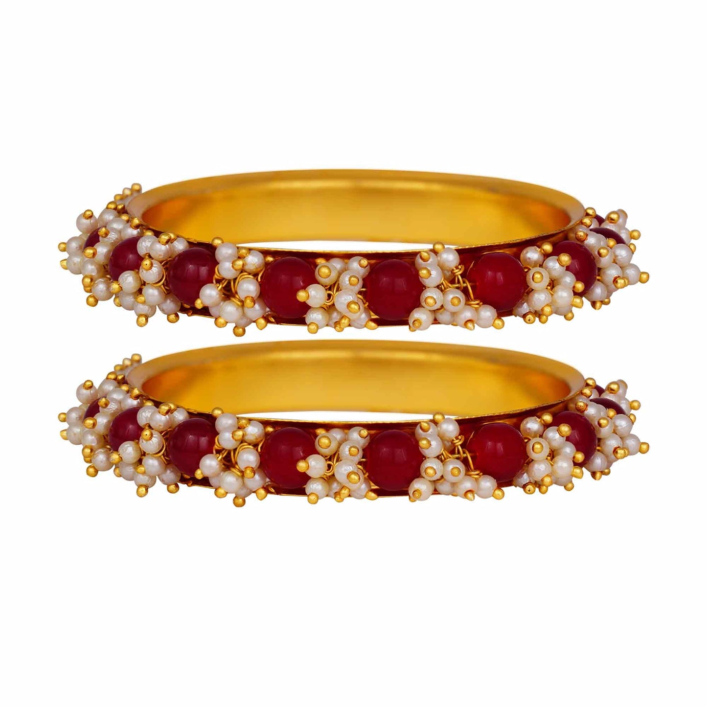 Gold Plated Cluster Pearl And Maroon Red Color Beads Bangle Set (Set Of 2)