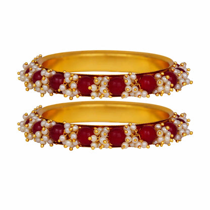 Gold Plated Cluster Pearl And Maroon Red Color Beads Bangle Set (Set Of 2)