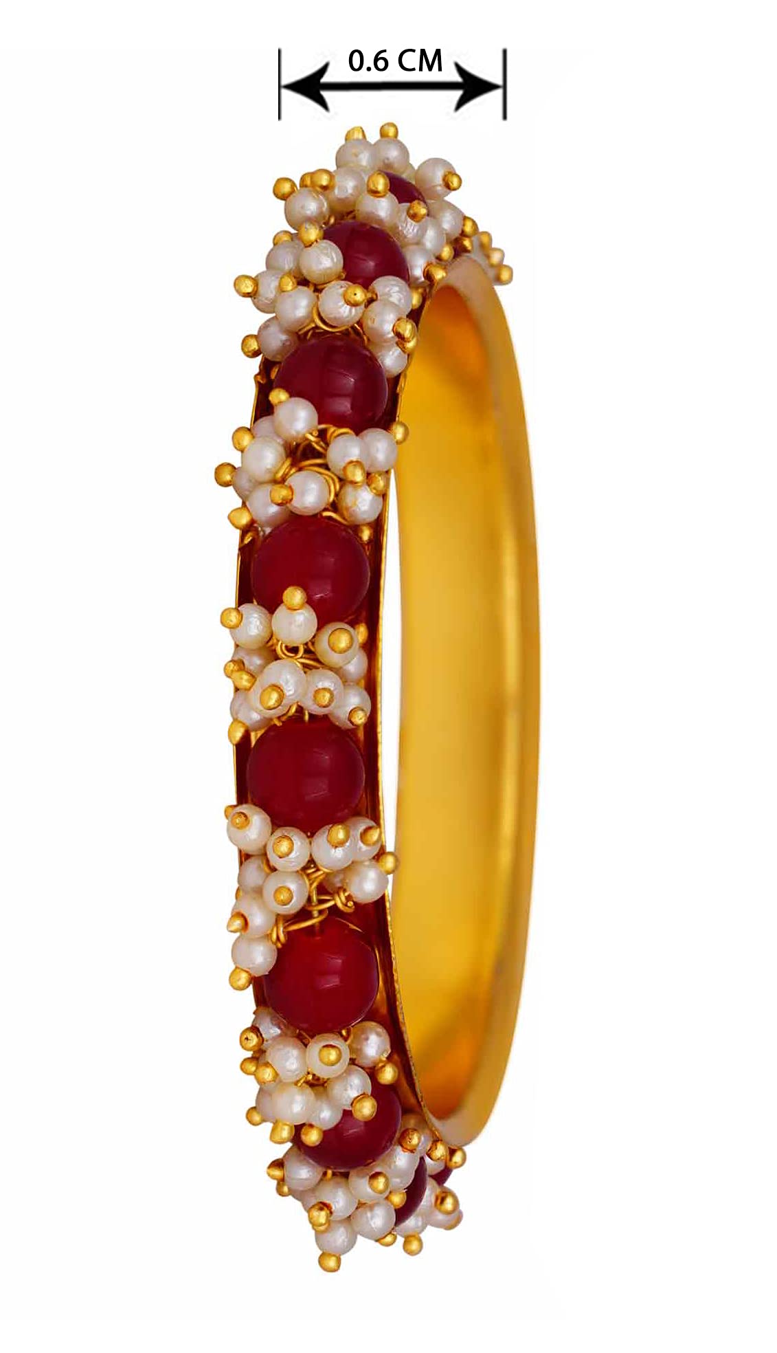 Gold Plated Cluster Pearl And Maroon Red Color Beads Bangle Set (Set Of 2)