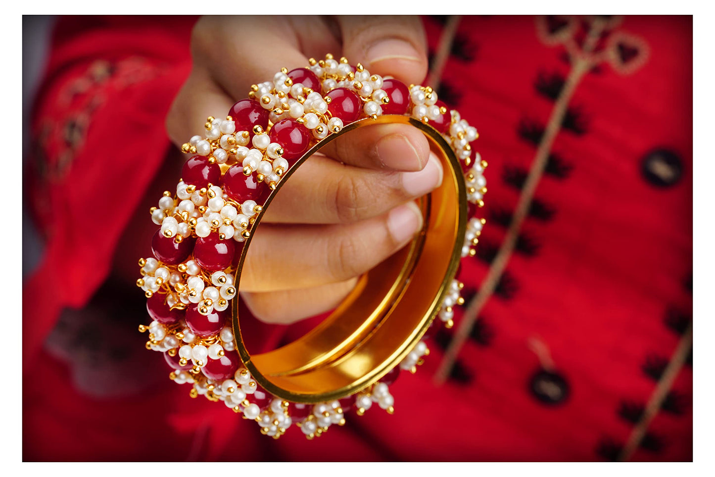 Gold Plated Cluster Pearl And Maroon Red Color Beads Bangle Set (Set Of 2)