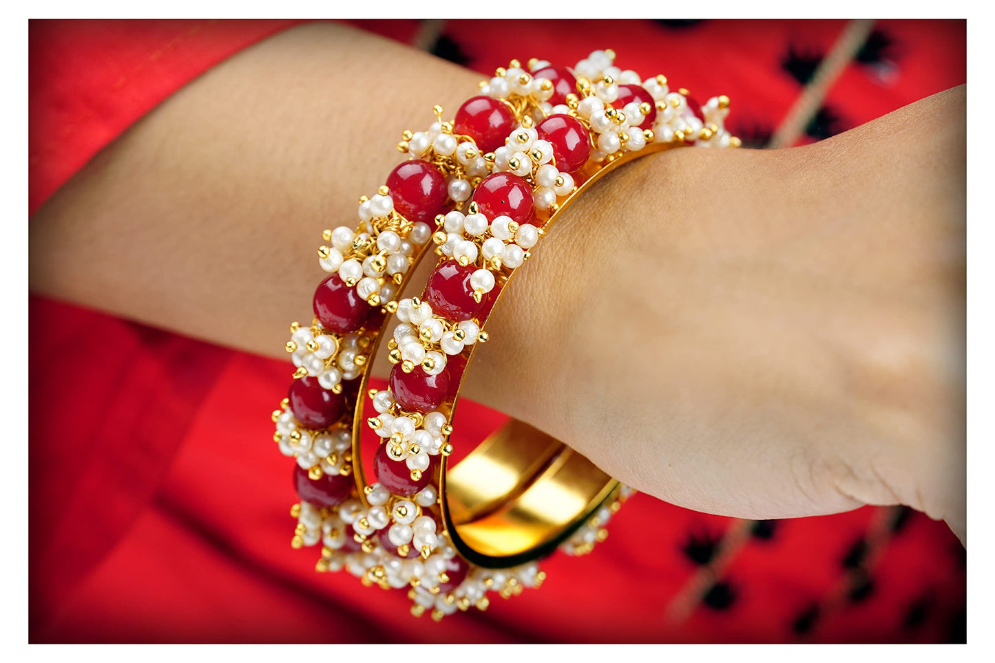 Gold Plated Cluster Pearl And Maroon Red Color Beads Bangle Set (Set Of 2)