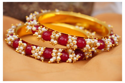 Gold Plated Cluster Pearl And Maroon Red Color Beads Bangle Set (Set Of 2)