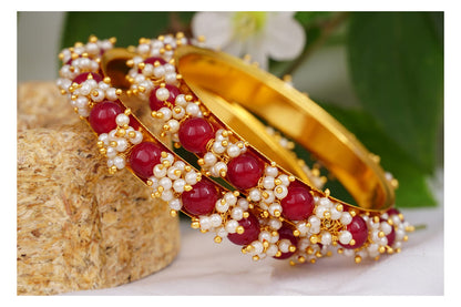Gold Plated Cluster Pearl And Maroon Red Color Beads Bangle Set (Set Of 2)