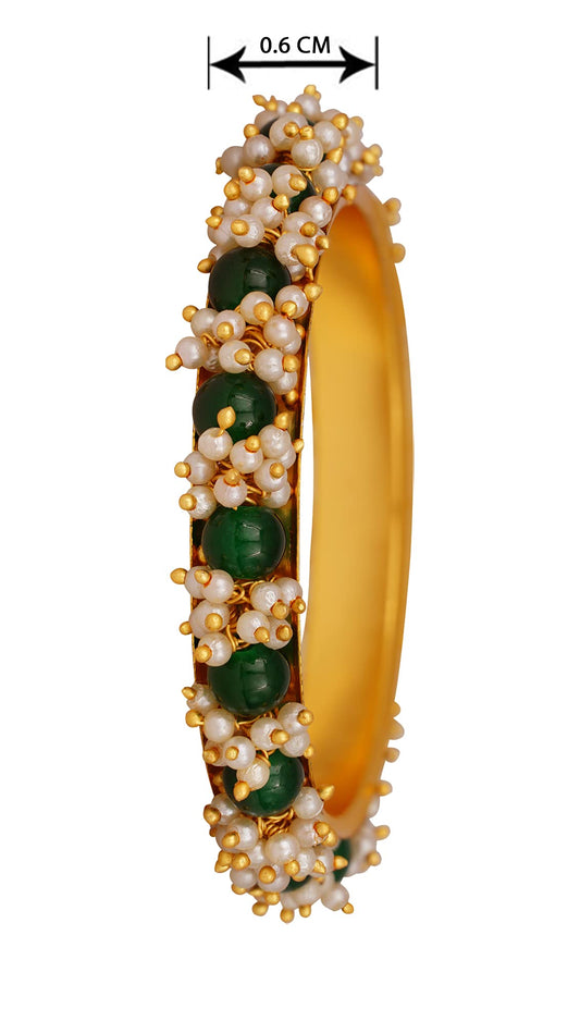 Gold Plated Cluster Pearl And Green Color Beads Bangle Set (Set Of 2)