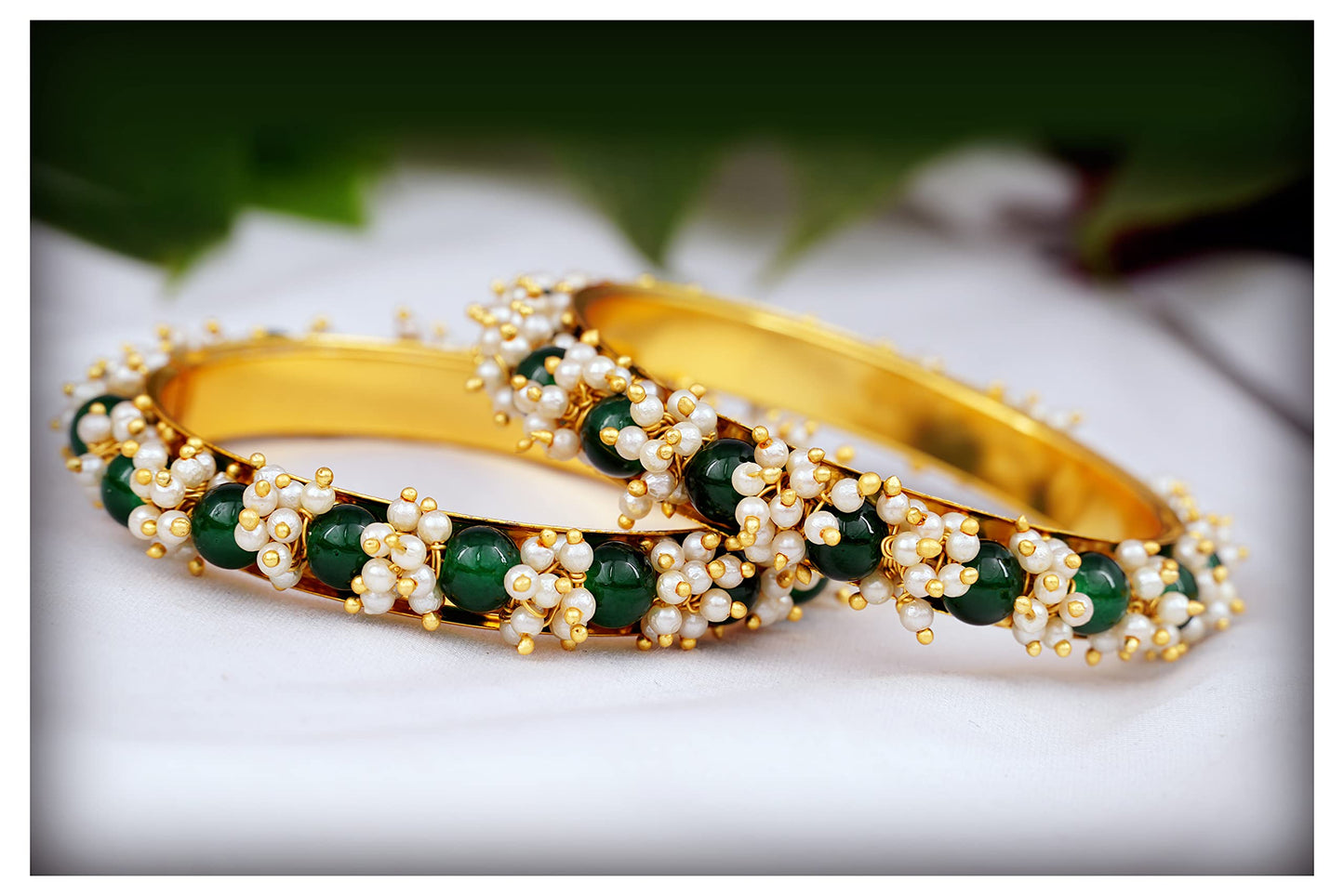 Gold Plated Cluster Pearl And Green Color Beads Bangle Set (Set Of 2)