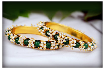 Gold Plated Cluster Pearl And Green Color Beads Bangle Set (Set Of 2)