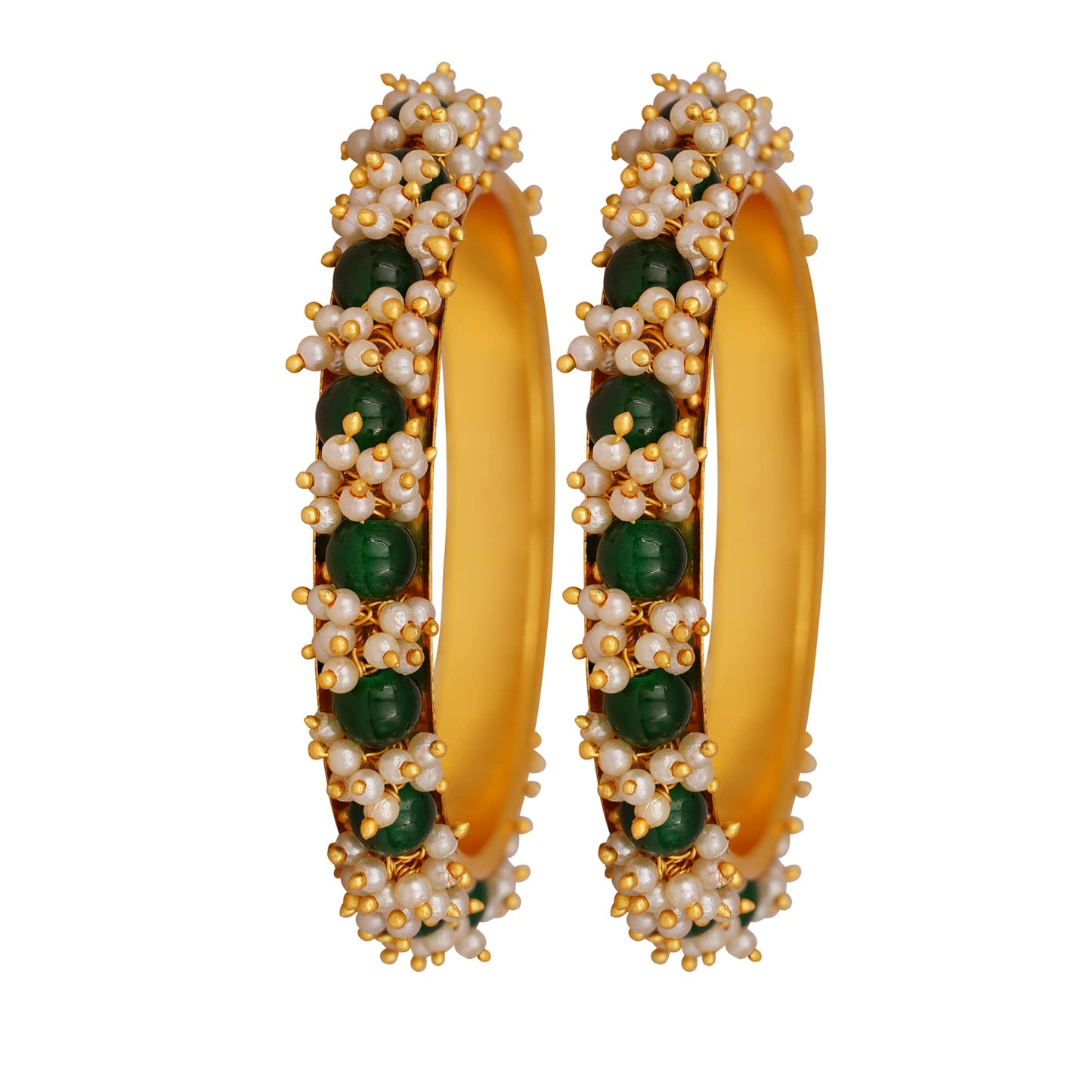 Gold Plated Cluster Pearl And Green Color Beads Bangle Set (Set Of 2)