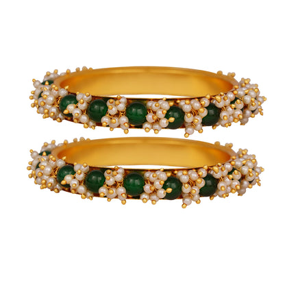 Gold Plated Cluster Pearl And Green Color Beads Bangle Set (Set Of 2)