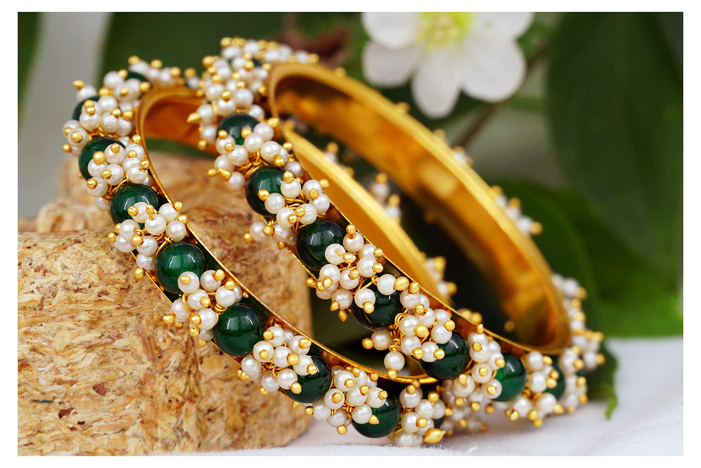 Gold Plated Cluster Pearl And Green Color Beads Bangle Set (Set Of 2)