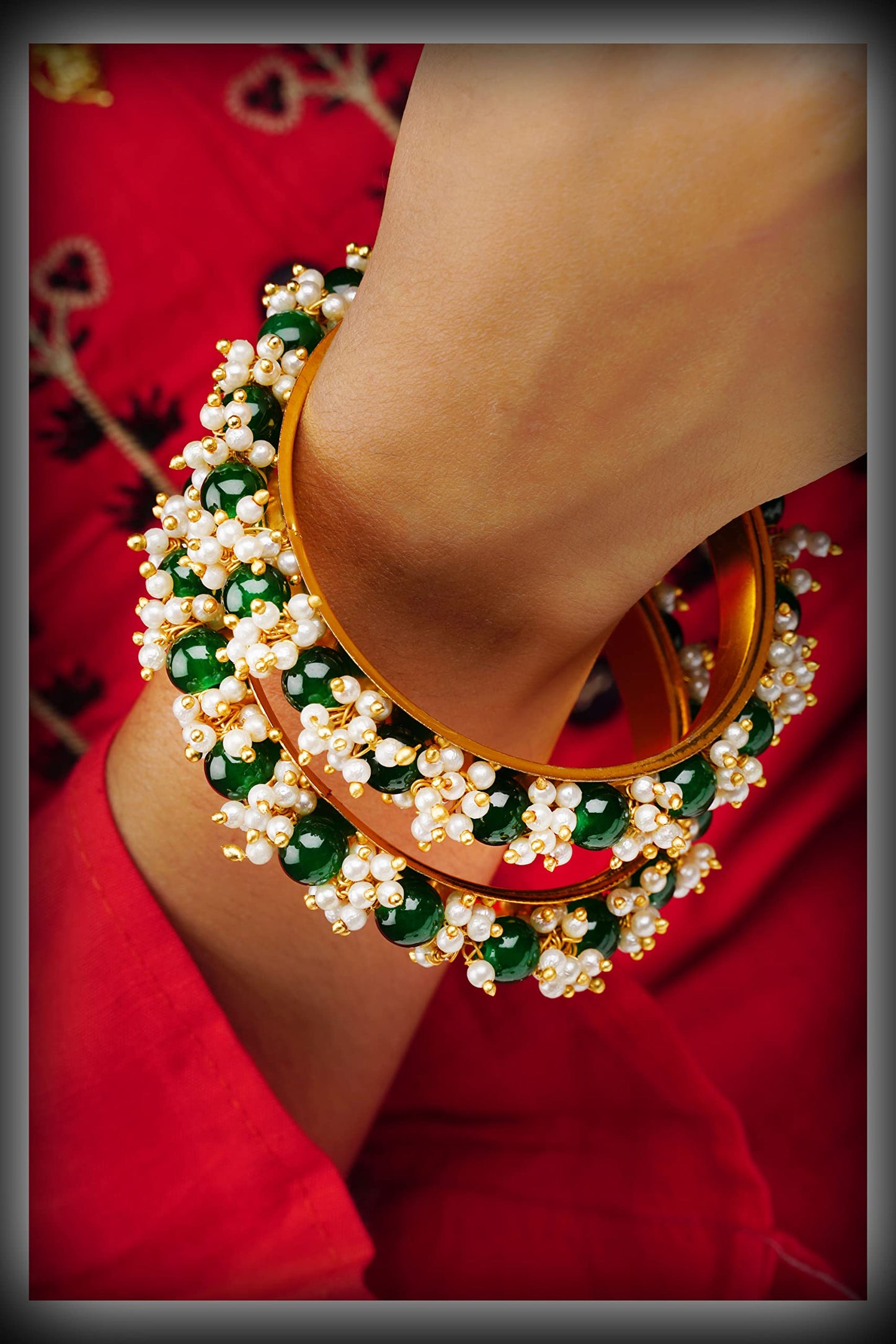 Gold Plated Cluster Pearl And Green Color Beads Bangle Set (Set Of 2)