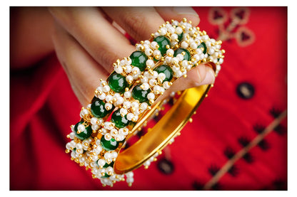 Gold Plated Cluster Pearl And Green Color Beads Bangle Set (Set Of 2)