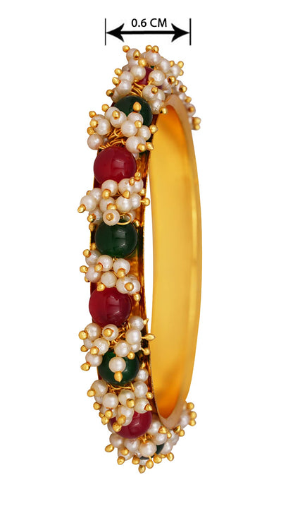 Gold Plated Cluster Pearl And Red & Green Color Beads Bangle Set (Set Of 2)