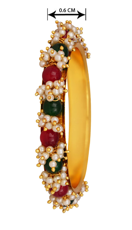 Gold Plated Cluster Pearl And Red & Green Color Beads Bangle Set (Set Of 2)
