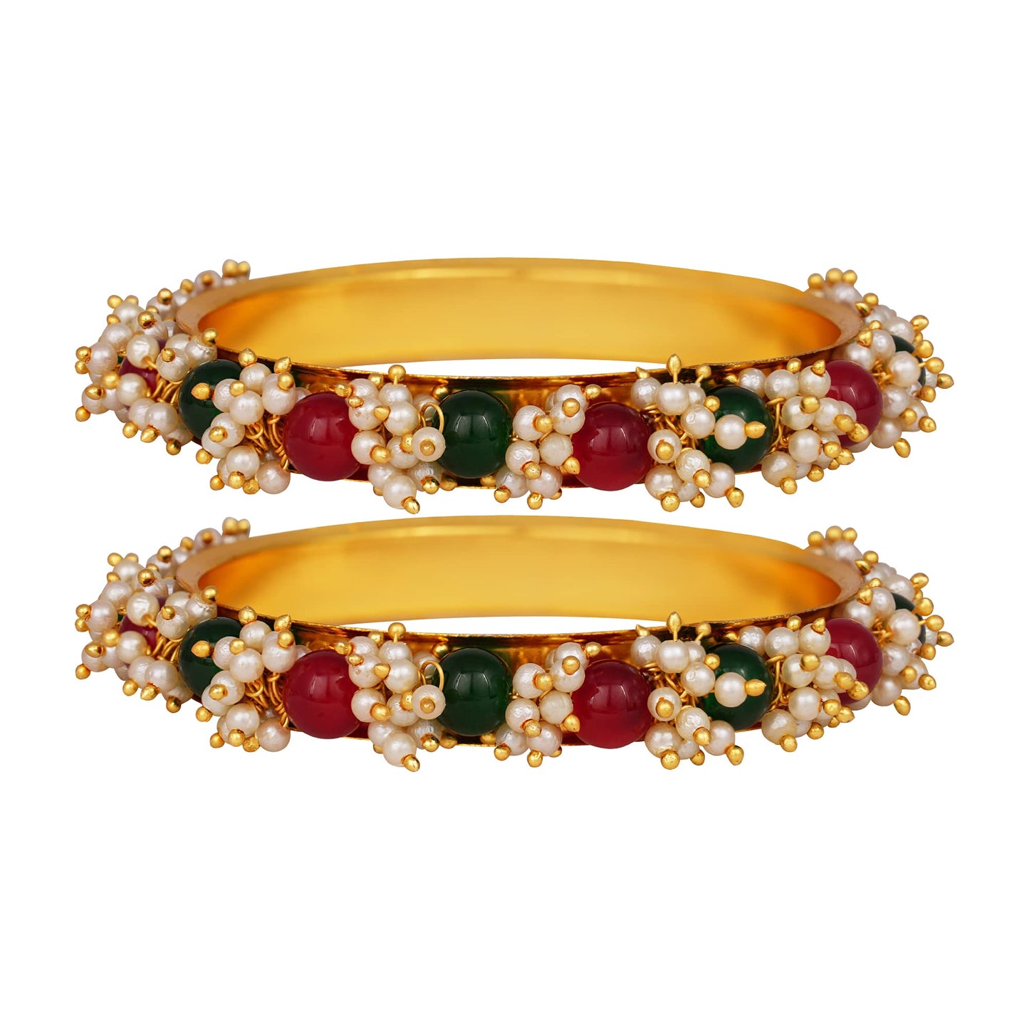 Gold Plated Cluster Pearl And Red & Green Color Beads Bangle Set (Set Of 2)