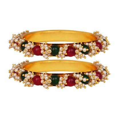 Gold Plated Cluster Pearl And Red & Green Color Beads Bangle Set (Set Of 2)