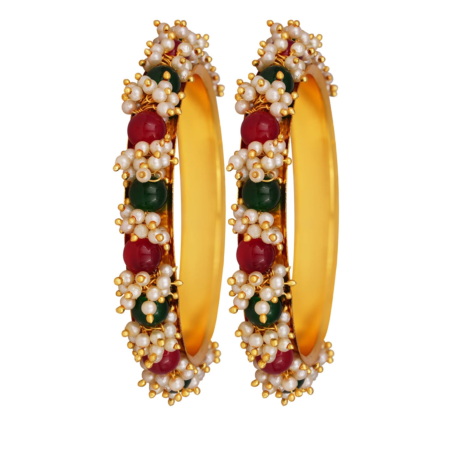 Gold Plated Cluster Pearl And Red & Green Color Beads Bangle Set (Set Of 2)