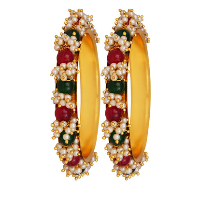 Gold Plated Cluster Pearl And Red & Green Color Beads Bangle Set (Set Of 2)