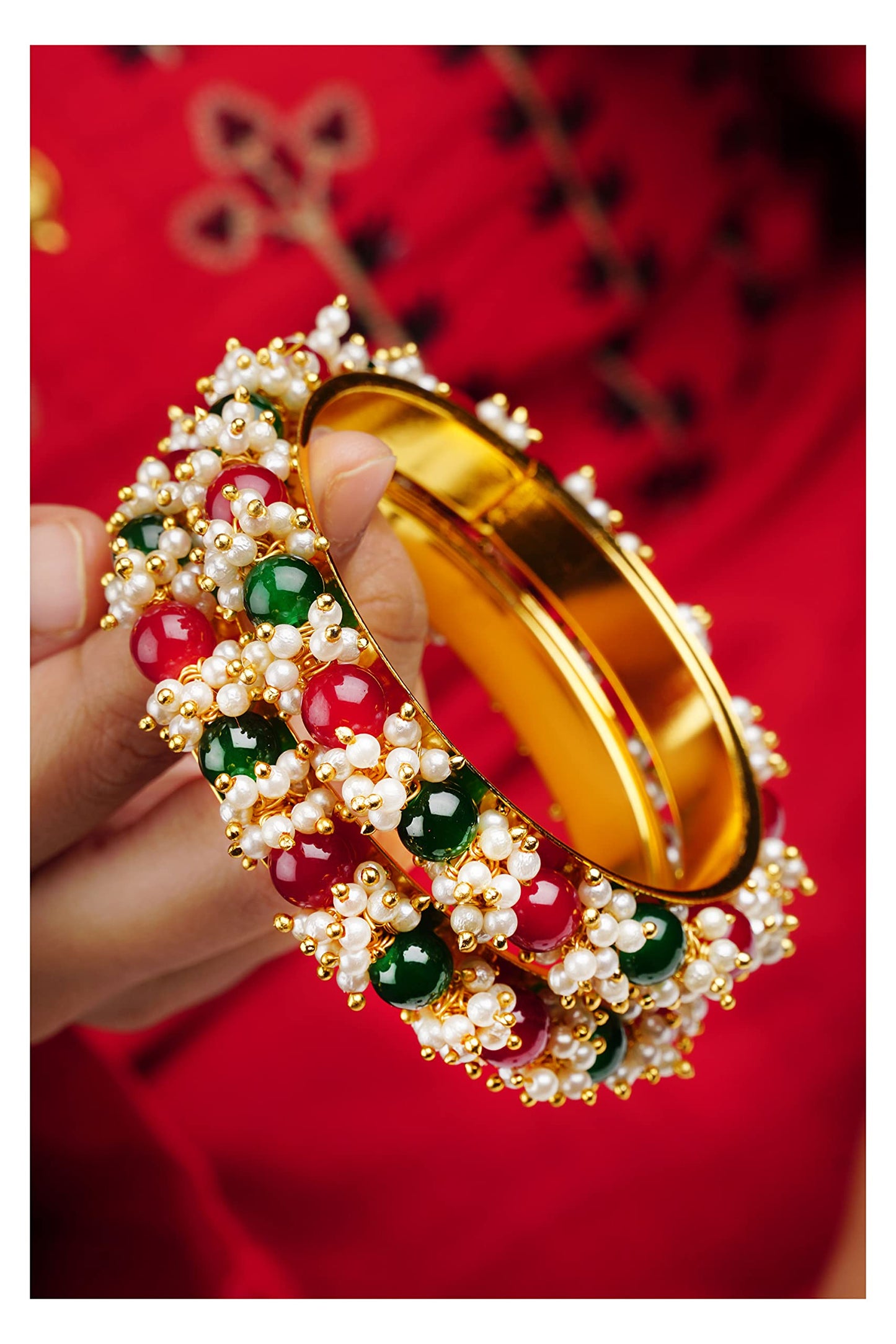 Gold Plated Cluster Pearl And Red & Green Color Beads Bangle Set (Set Of 2)