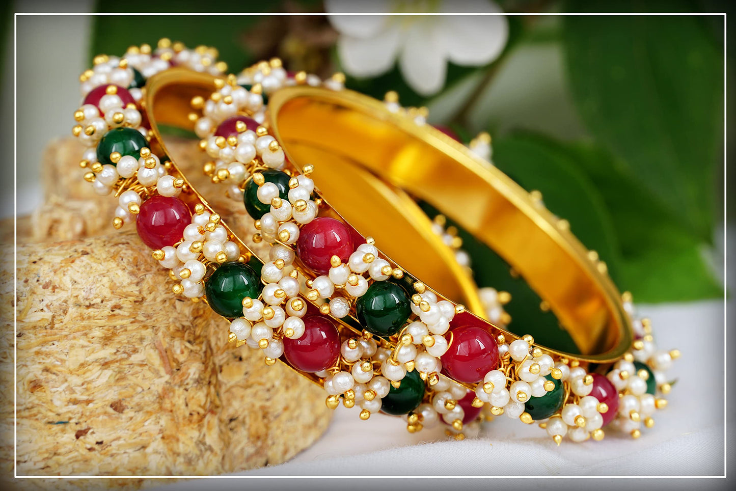 Gold Plated Cluster Pearl And Red & Green Color Beads Bangle Set (Set Of 2)