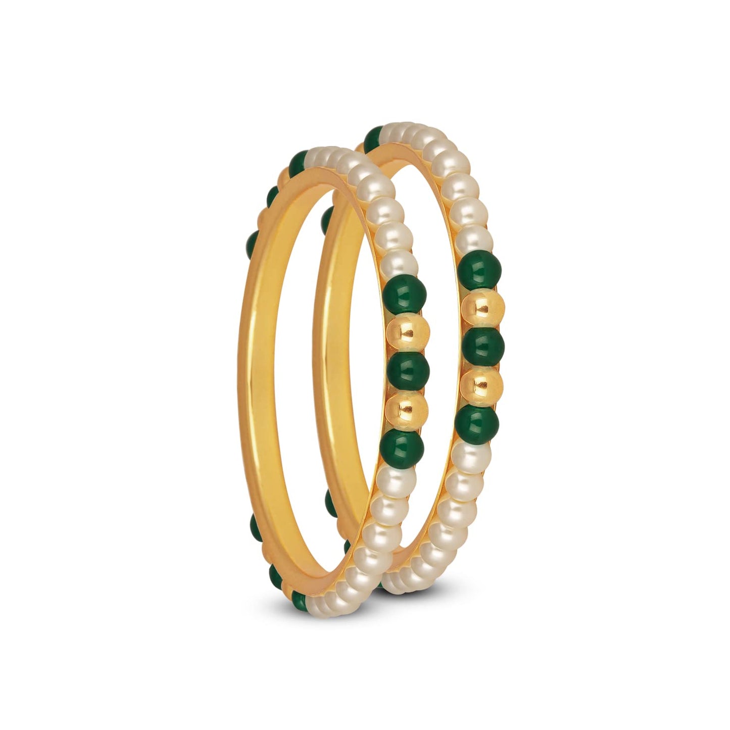 One Gram Gold Plated Pearl Bangles With Crystal & Gold Beads Bangle Set (Green)