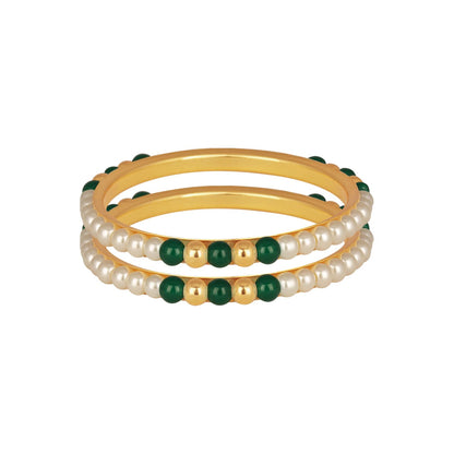 One Gram Gold Plated Pearl Bangles With Crystal & Gold Beads Bangle Set (Green)