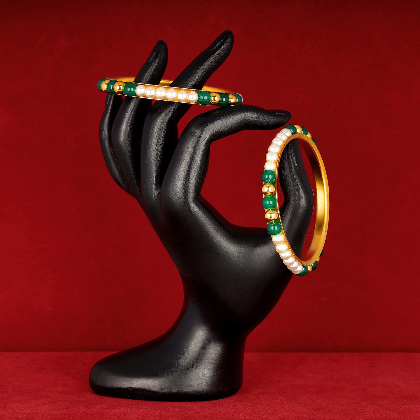 One Gram Gold Plated Pearl Bangles With Crystal & Gold Beads Bangle Set (Green)