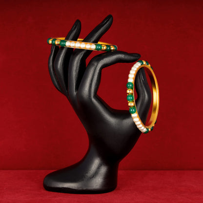 One Gram Gold Plated Pearl Bangles With Crystal & Gold Beads Bangle Set (Green)