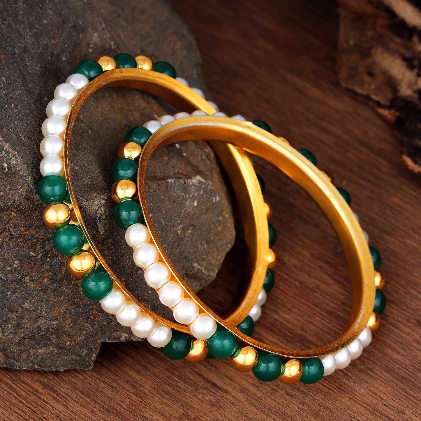 One Gram Gold Plated Pearl Bangles With Crystal & Gold Beads Bangle Set (Green)