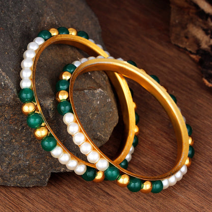 One Gram Gold Plated Pearl Bangles With Crystal & Gold Beads Bangle Set (Green)