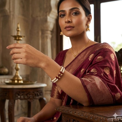 One Gram Gold Plated Pearl Bangles With Crystal & Gold Beads Bangle Set (Maroon)