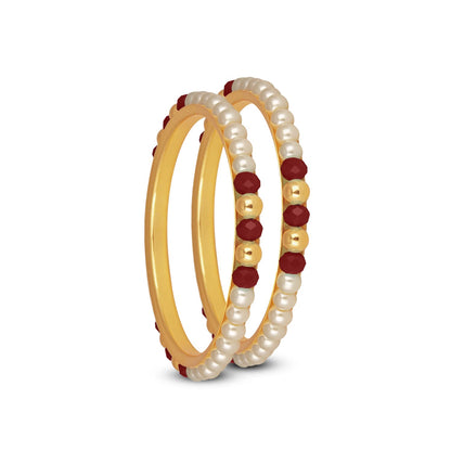 One Gram Gold Plated Pearl Bangles With Crystal & Gold Beads Bangle Set (Maroon)