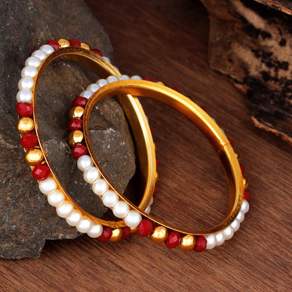One Gram Gold Plated Pearl Bangles With Crystal & Gold Beads Bangle Set (Maroon)