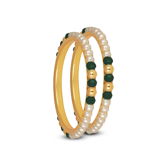 One Gram Gold Plated Pearl Bangles With Crystal & Gold Beads Bangle Set (Dark Green)