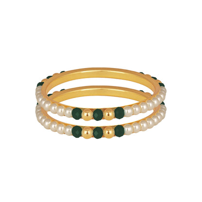 One Gram Gold Plated Pearl Bangles With Crystal & Gold Beads Bangle Set (Dark Green)