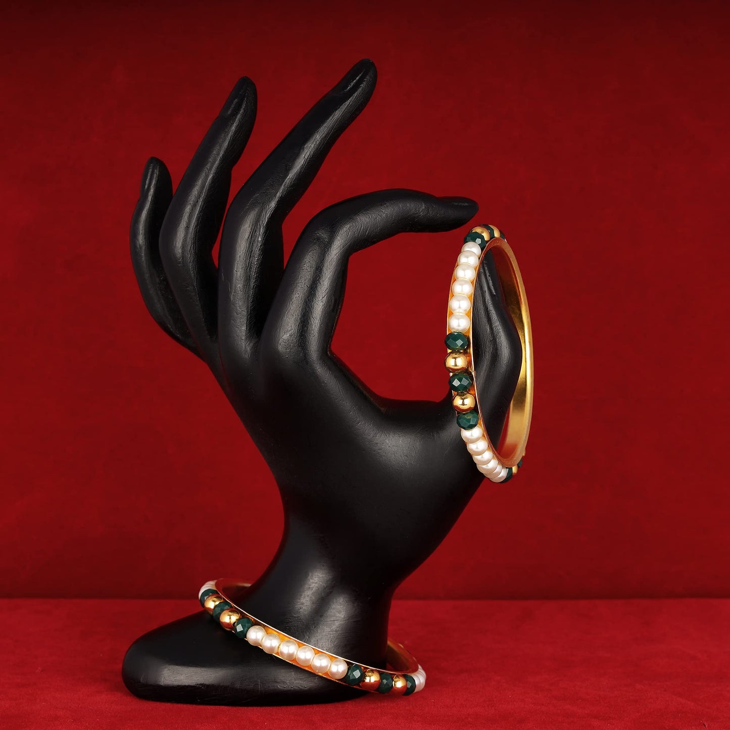 One Gram Gold Plated Pearl Bangles With Crystal & Gold Beads Bangle Set (Dark Green)