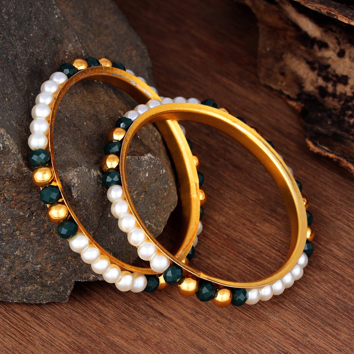 One Gram Gold Plated Pearl Bangles With Crystal & Gold Beads Bangle Set (Dark Green)
