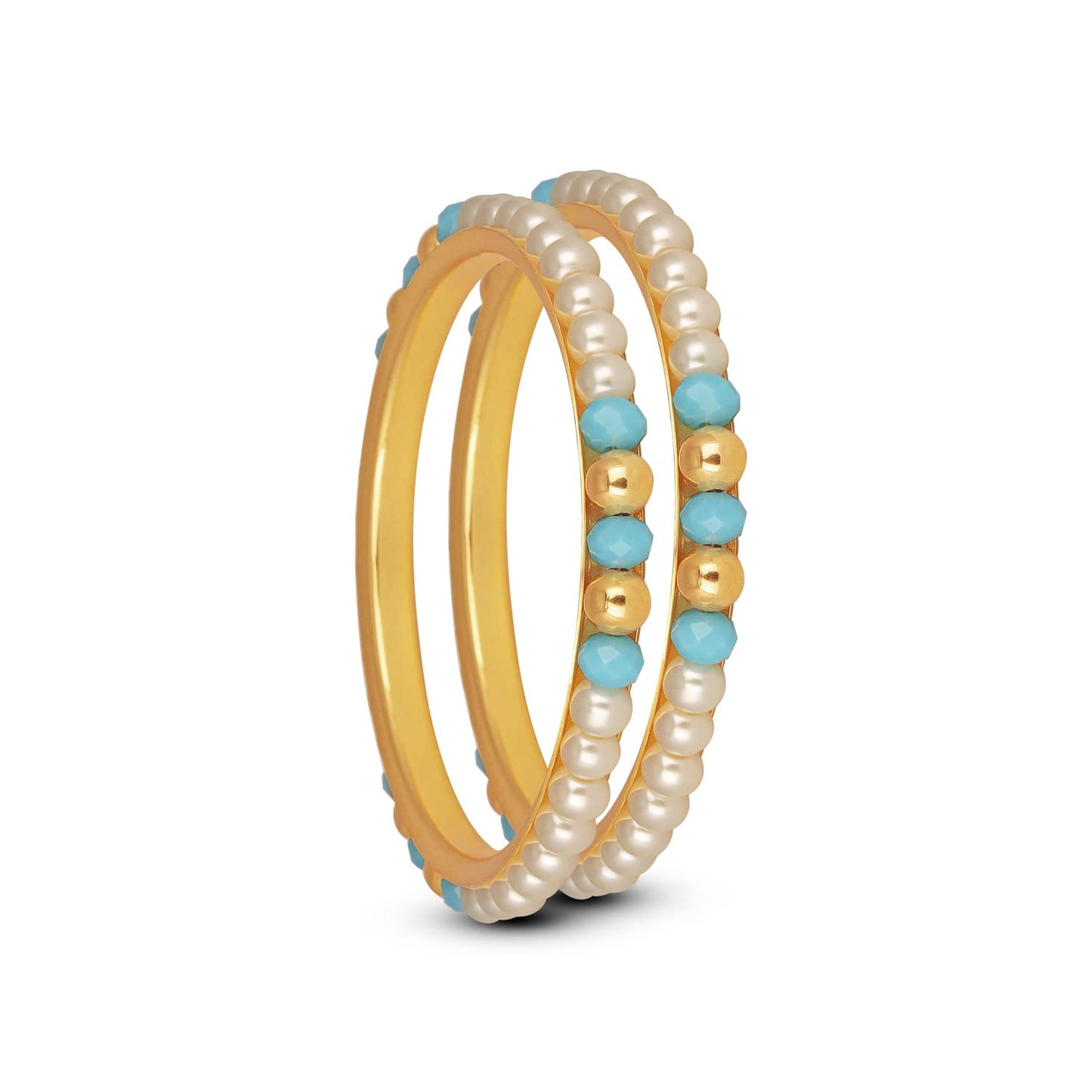 One Gram Gold Plated Pearl Bangles With Crystal & Gold Beads Bangle Set (Sky Blue)