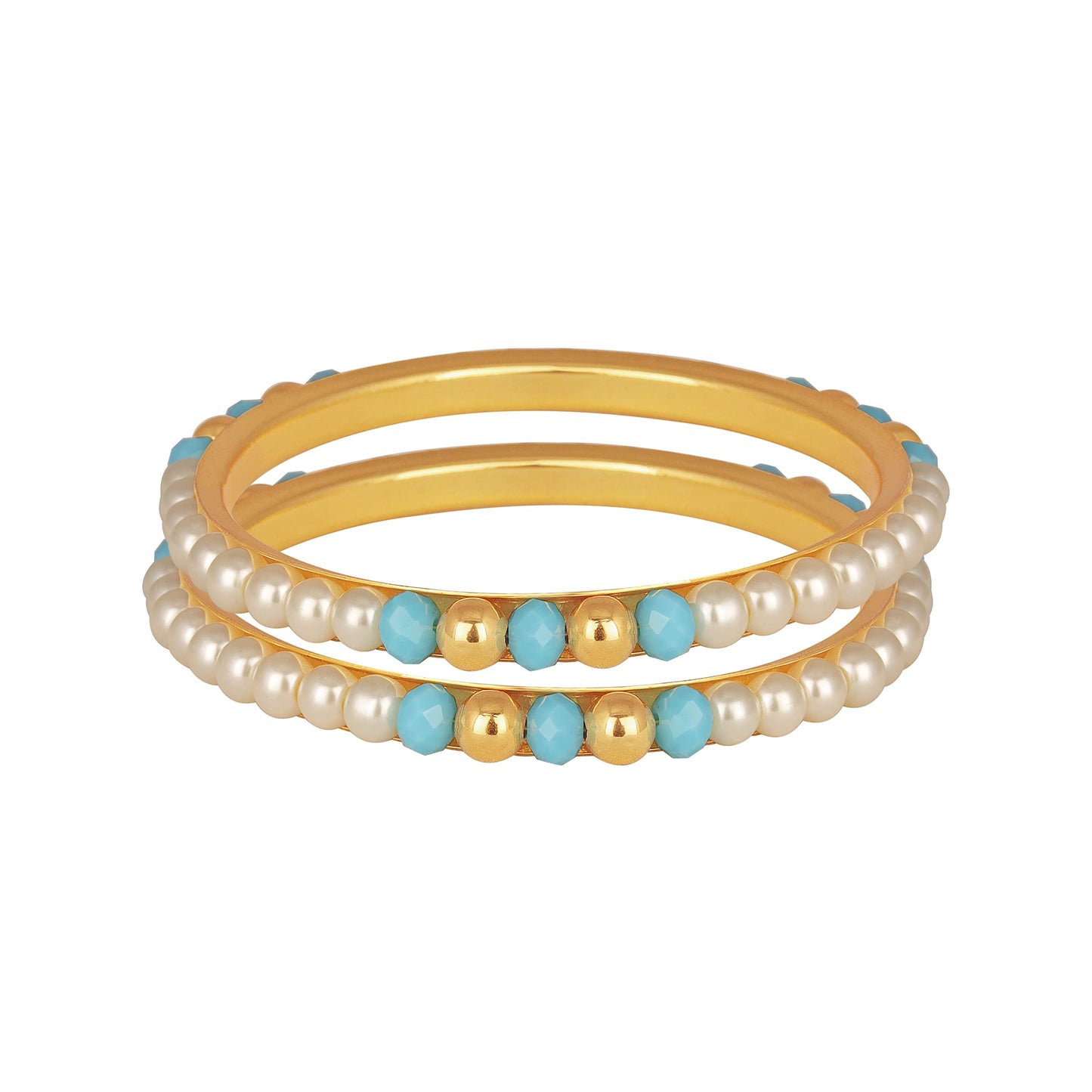 One Gram Gold Plated Pearl Bangles With Crystal & Gold Beads Bangle Set (Sky Blue)