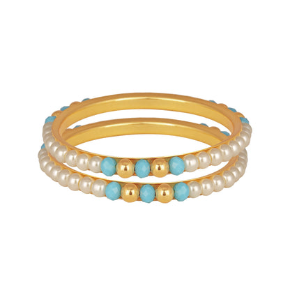 One Gram Gold Plated Pearl Bangles With Crystal & Gold Beads Bangle Set (Sky Blue)