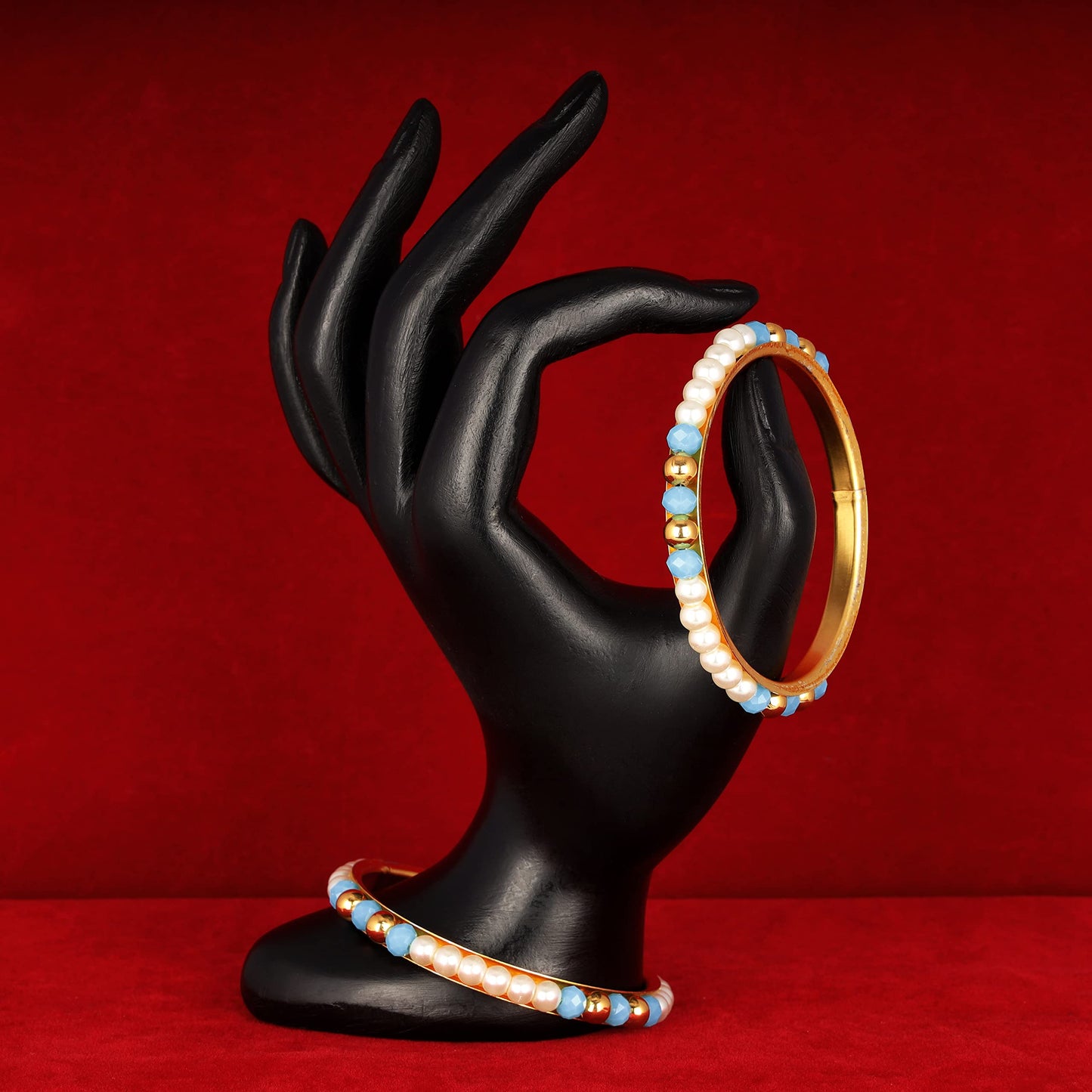 One Gram Gold Plated Pearl Bangles With Crystal & Gold Beads Bangle Set (Sky Blue)