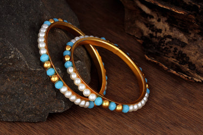 One Gram Gold Plated Pearl Bangles With Crystal & Gold Beads Bangle Set (Sky Blue)