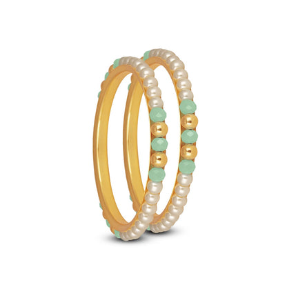 One Gram Gold Plated Pearl Bangles With Crystal & Gold Beads Bangle Set (Mint Green)