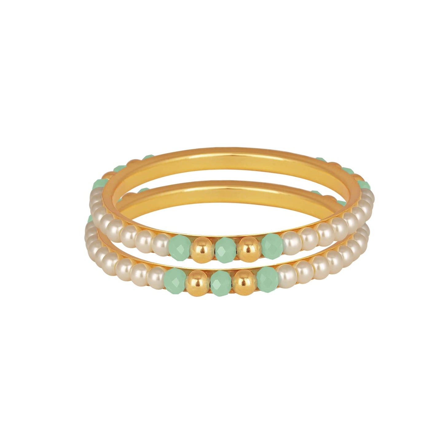 One Gram Gold Plated Pearl Bangles With Crystal & Gold Beads Bangle Set (Mint Green)