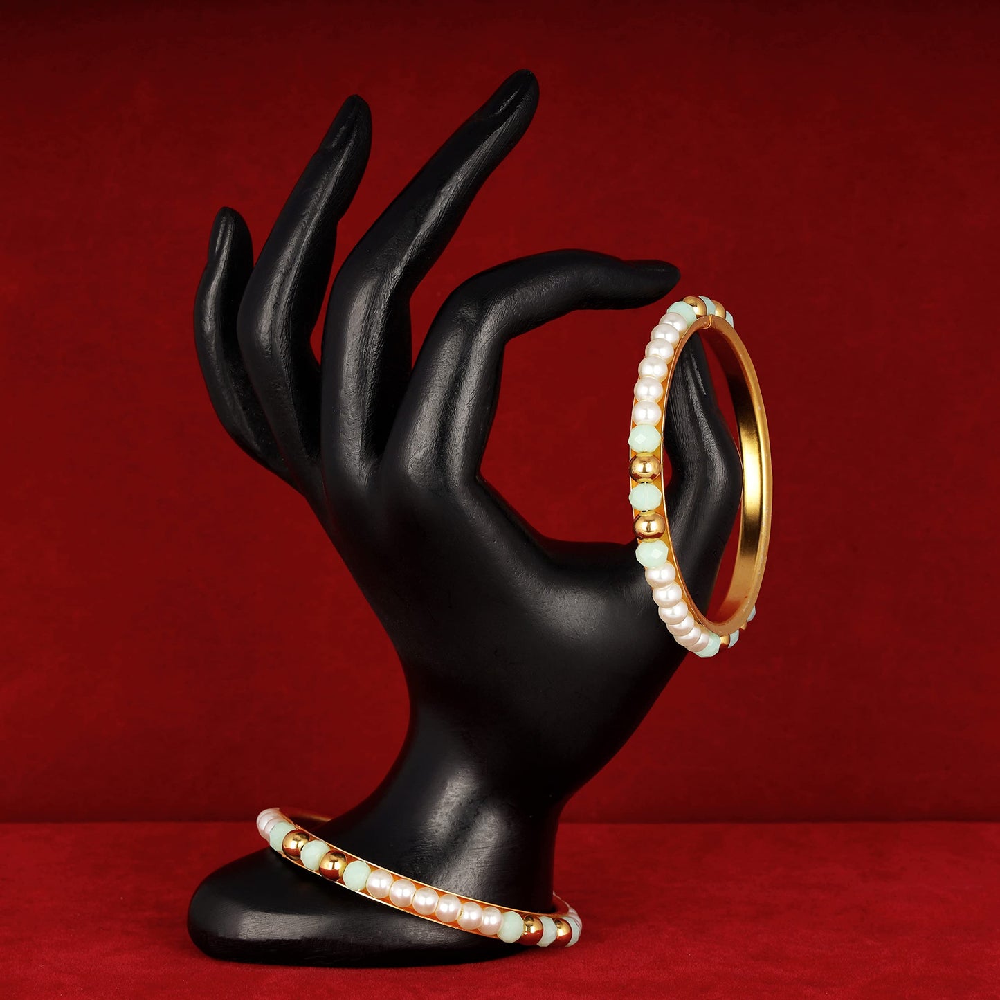 One Gram Gold Plated Pearl Bangles With Crystal & Gold Beads Bangle Set (Mint Green)