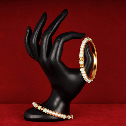 One Gram Gold Plated Pearl Bangles With Crystal & Gold Beads Bangle Set (Mint Green)
