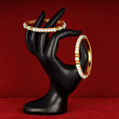 One Gram Gold Plated Pearl Bangles With Crystal & Gold Beads Bangle Set (Mint Green)