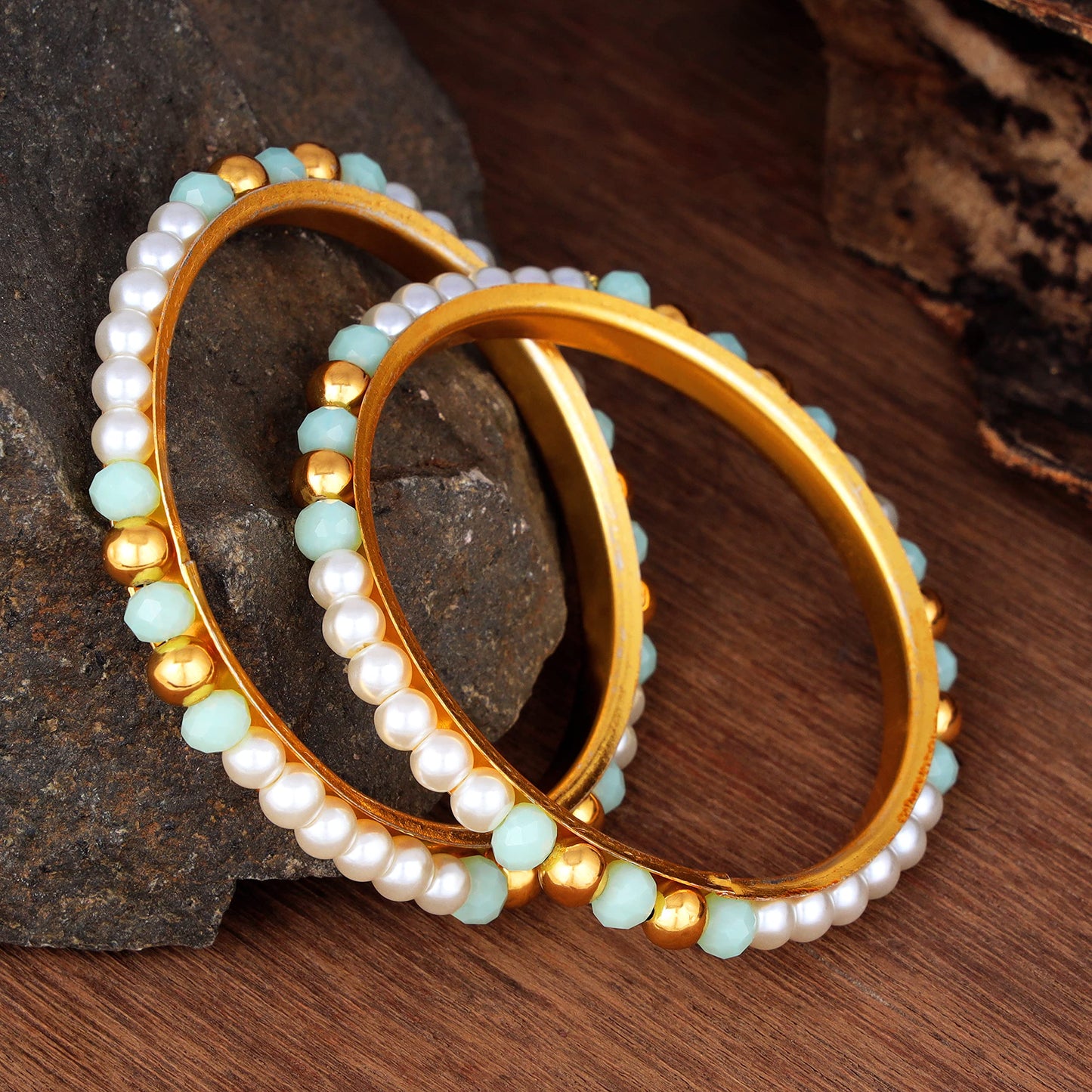 One Gram Gold Plated Pearl Bangles With Crystal & Gold Beads Bangle Set (Mint Green)